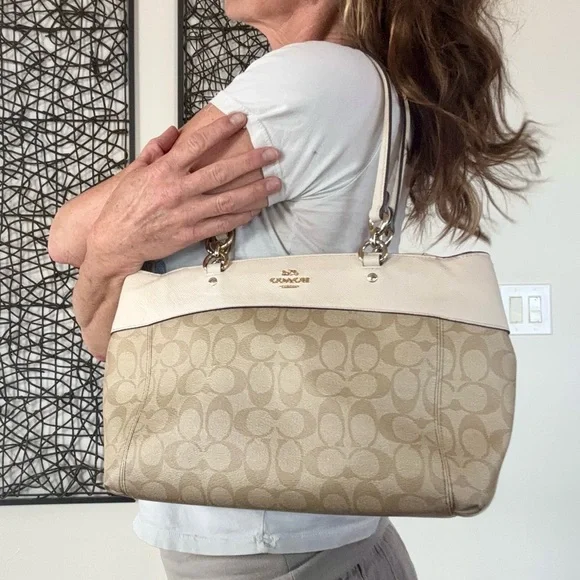 COACH Signature Stripe Gallery Tote F25996 Beige White Canvas Shoulder Bag - Picture 2 of 14